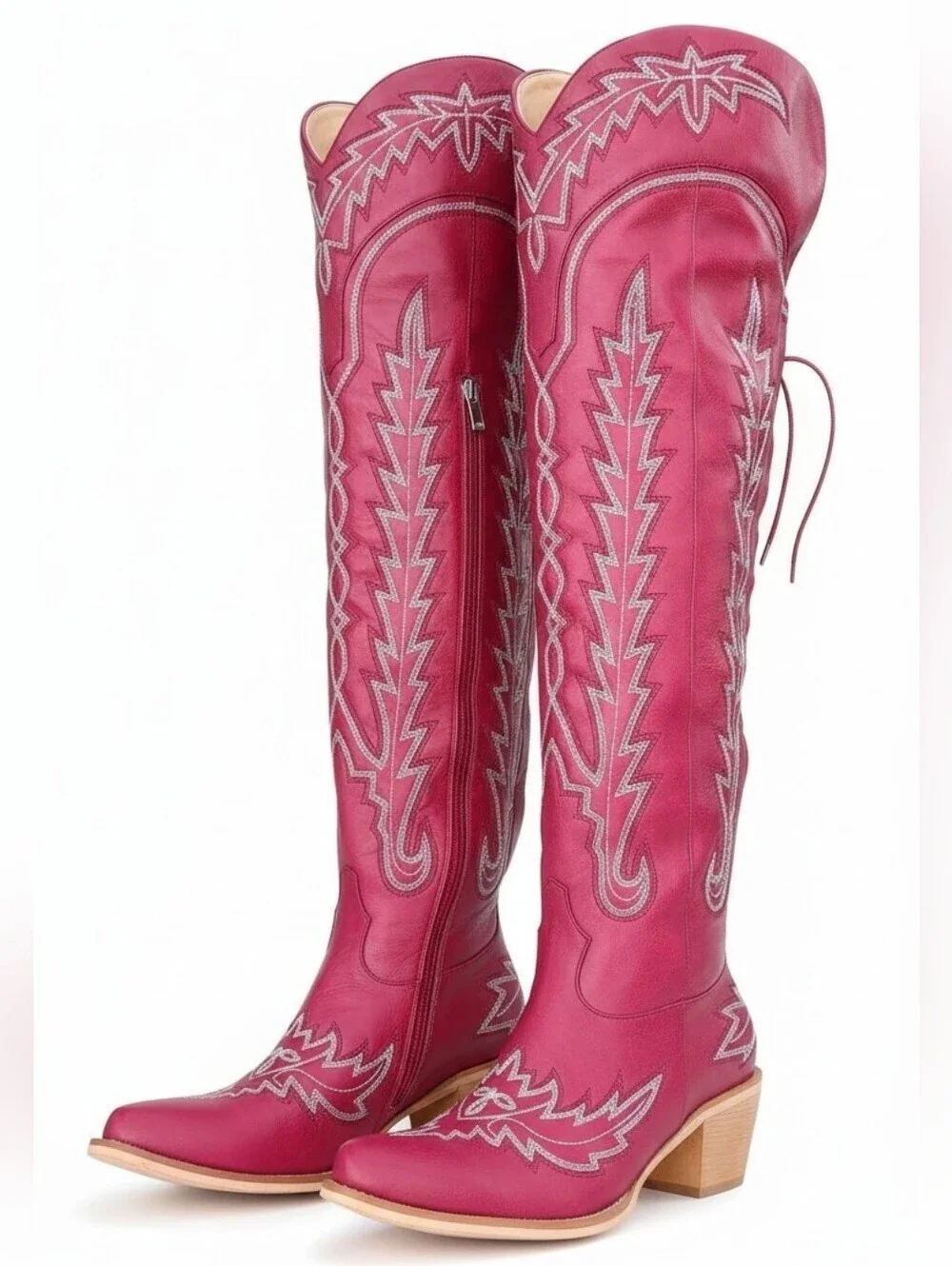 Red Over-the-Knee Western Cowboy Boots Lace-Up Snip Toe 7.5